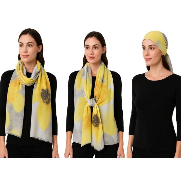 LOOK Cashmere Blend Viscose Floral Scarf 29" × 72″ Yellow & Gray Pashmina Wrap - Picture 1 of 11